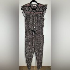 XIRENA Liam jumpsuit black sand aztec boho hippie sz S elastic tie waist